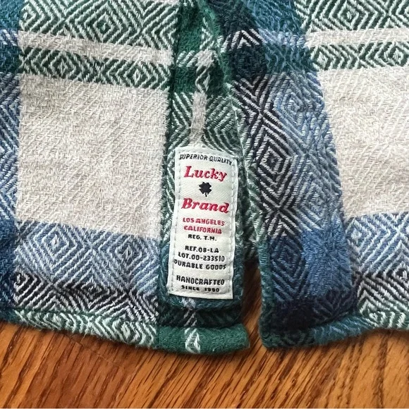 Lucky Brand Button Up Flannel Shirt Mens Size Medium Green Blue Plaid Slim Fit - Picture 5 of 5